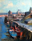 IVAN TAYLOR oil on board - boats moored at quayside, entitled verso ‘Port Amlwch, North Wales’,