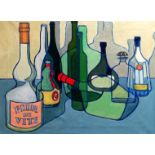 NORMAN CHECKETTS oil on canvas - still life bottles, unframed, 54 x 73cms