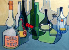 NORMAN CHECKETTS oil on canvas - still life bottles, unframed, 54 x 73cms