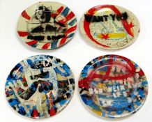 NEALE HOWELLS mixed media on ceramic - four large plates decorated in the graffiti style, 27cms diam