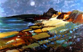 DONALD McINTYRE oil on board - Gower beach scene with ruined building, entitled on Howard Roberts