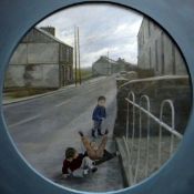 DAVID CARPANINI oil on canvas - circular mounted painting of three boys playing in a valleys street,