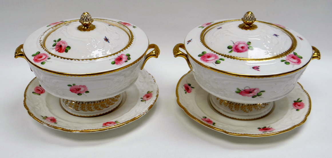A PAIR OF NANTGARW PORCELAIN SAUCE TUREENS ON STANDS of circular form on pedestal bases and having