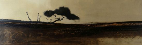 ROGER CECIL mixed media - landscape with tree in distance, entitled verso on Howard Roberts