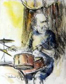 VALERIE GANZ mixed media - study of a musician, ‘The Jazz Drummer’, signed, 26 x 20cms