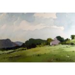 J FLETCHER-WATSON watercolour - landscape with farmhouse and sheep entitled verso ‘Farm Cottage -