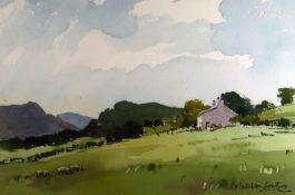 J FLETCHER-WATSON watercolour - landscape with farmhouse and sheep entitled verso ‘Farm Cottage -
