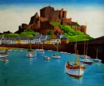 RALPH SPILLER oil on board - harbour scene with harbour - side buildings and hill fortress in