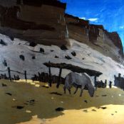 SIR KYFFIN WILLIAMS RA coloured limited edition (54/150) print - grazing Patagonian horse with cliff