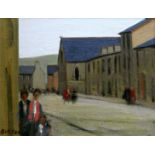 CHARLES BURTON oil on canvas - figures in a street with chapel, entitled verso ‘A Rhondda Street’,