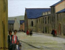 CHARLES BURTON oil on canvas - figures in a street with chapel, entitled verso ‘A Rhondda Street’,