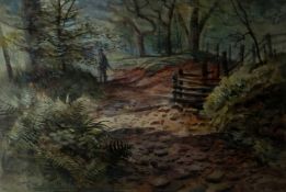 ARTHUR MILES watercolour - figure walking along woodland lane, entitled verso ‘Lane to the Garth