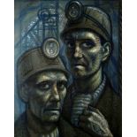 JOHN PETTS mixed media - head and shoulders portrait of two coal miners wearing their helmets and