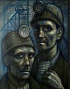 JOHN PETTS mixed media - head and shoulders portrait of two coal miners wearing their helmets and