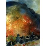 ROB PIERCY mixed media - derelict cottage at base of mountain, entitled verso ‘Blaen Cwm Pennant’,