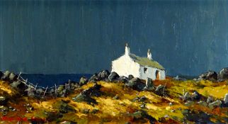 CHARLES WYATT WARREN oil on board - whitewashed cottage overlooking the sea, entitled verso ‘Moelfre