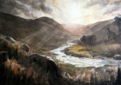 UKNOWN watercolour and ink - river scene under shafting sun, unsigned, 24 x 33cms