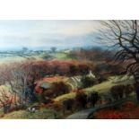 ARTHUR MILES watercolour - autumnal scene with sheep and farm buildings looking across valley,