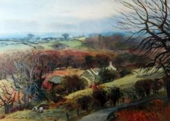ARTHUR MILES watercolour - autumnal scene with sheep and farm buildings looking across valley,