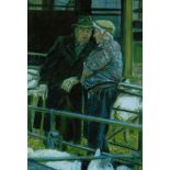 CHRISTINE HUNT pastel - two farmers in conversation at market, entitled verso ‘Market Characters,