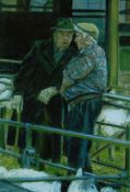 CHRISTINE HUNT pastel - two farmers in conversation at market, entitled verso ‘Market Characters,