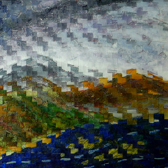 ANNA ADAM tapestry weave - sea, mountains and sky, entitled verso ‘In Praise of Texture’, 31 x 31cms