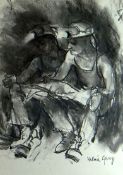 VALERIE GANZ charcoal on paper - study of two miners sitting together on their lunch break,