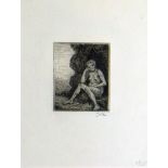 AUGUSTUS JOHN etching - seated nude in a landscape with head on fist, signed, 25 x 19cms