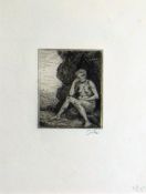 AUGUSTUS JOHN etching - seated nude in a landscape with head on fist, signed, 25 x 19cms