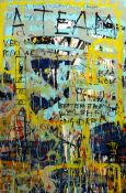 NEALE HOWELLS mixed media on board - abstract with layers of graffiti and slogans, entitled ‘A