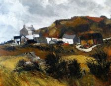 GWILYM PRICHARD oil on canvas - hillside Anglesey small holding with barns and gorse under a
