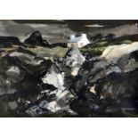 DONALD McINTYRE mixed media - whitewashed cottage amongst rocks, signed in full and with original