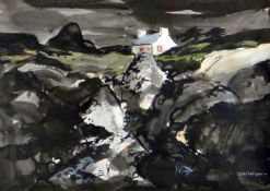 DONALD McINTYRE mixed media - whitewashed cottage amongst rocks, signed in full and with original