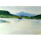 MERYL WATTS watercolour - moored steam boat with mountains beyond, probably Glaslyn Estuary,