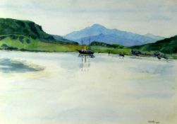 MERYL WATTS watercolour - moored steam boat with mountains beyond, probably Glaslyn Estuary,