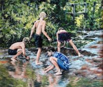 SHIRLEY ANN OWEN oil on board - group of boys playing in stream, South Wales Art Society label verso