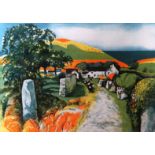 JOHN ELWYN limited edition (222/260) coloured print - farm scene with cattle and sea beyond,