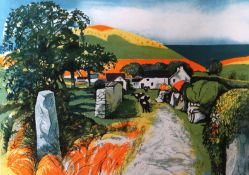 JOHN ELWYN limited edition (222/260) coloured print - farm scene with cattle and sea beyond,