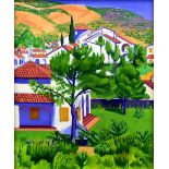 NORMAN CHECKETTS oil on canvas - Spanish village with trees and mountain, 72 x 59cms