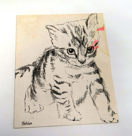 RACHEL ROBERTS handwritten greetings card - in red ink on two-fold card having a picture of a cat on - Image 3 of 3