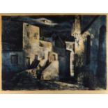 JOHN PIPER silk screen print - moonlit buildings with figure on steps, initialled ‘J P’ bottom left,