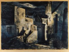 JOHN PIPER silk screen print - moonlit buildings with figure on steps, initialled ‘J P’ bottom left,