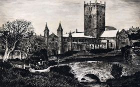 ALUN DAVIES pen and ink-wash - St. David’s Cathedral, Pembrokeshire, 45 x 70cms