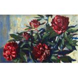 THOMAS RATHMELL oil on board - still life of peonies, signed and entitled verso, 37 x 59cms