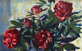 THOMAS RATHMELL oil on board - still life of peonies, signed and entitled verso, 37 x 59cms