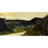 JOHN KNAPP FISHER watercolour - lakeside lane and mountains entitled verso ‘Road’, signed in full