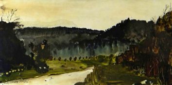 JOHN KNAPP FISHER watercolour - lakeside lane and mountains entitled verso ‘Road’, signed in full