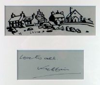 SIR KYFFIN WILLIAMS RA linocut image and signed message - both separate but framed as one, 8.25 x