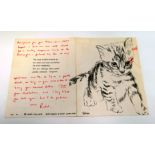 RACHEL ROBERTS handwritten greetings card - in red ink on two-fold card having a picture of a cat on
