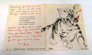 RACHEL ROBERTS handwritten greetings card - in red ink on two-fold card having a picture of a cat on